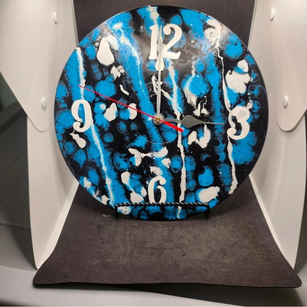 Hand Crafted Abstract Hanging Wall Clock Analog Vinyl Record Fluid Art Decor